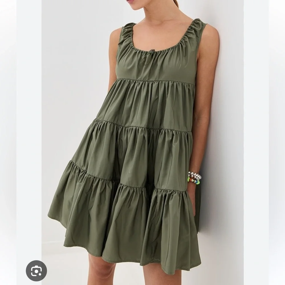 New Cecilie Bahnsen Aino Tiered Recycled Faille Minidress in Olive Green Size 4